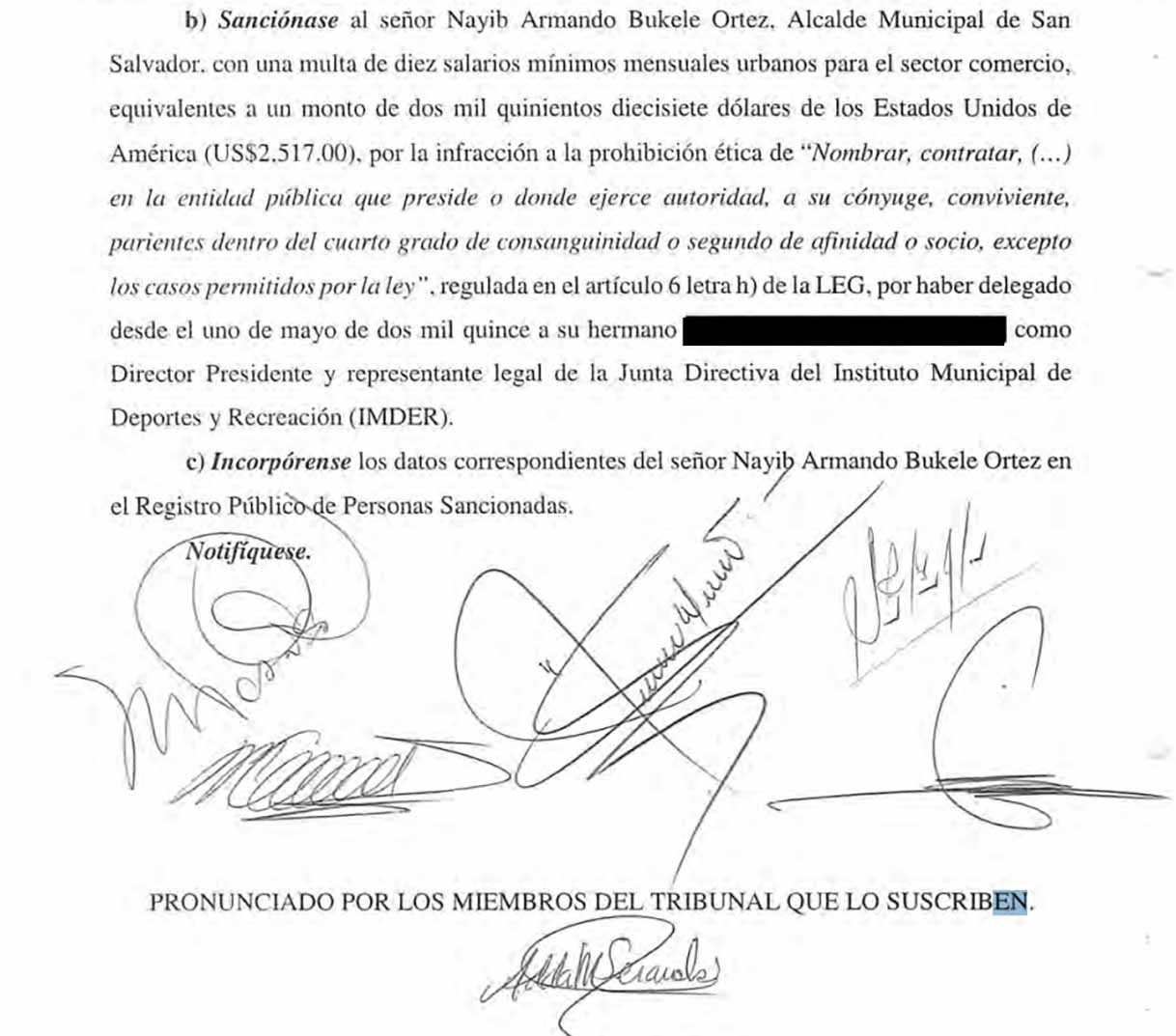 Extracto del fallo sancionatorio contra Bukele emitido en 2016